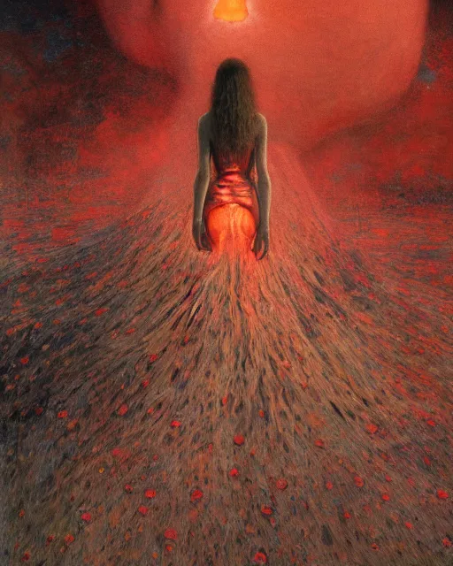 Image similar to A portrait of a woman wearing clothes made out of dying flowers, nuclear explosion in the background, Masterpiece, red skin, glowing, wires everywhere, by Edgar Maxence and Ross Tran, Zdzisław Beksiński, and Michael Whelan, distant, gustav dore, H.R. Giger, 8k, octane render