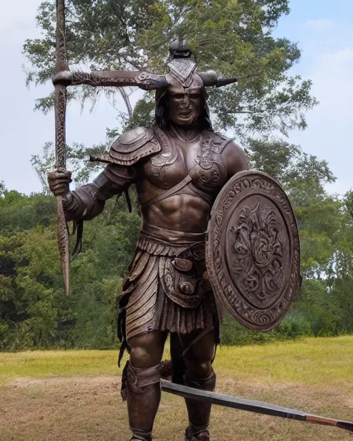 Image similar to a huge bronze statue of a spartanburg warrior holding his spear and shield, god of war, fantasy landscape, photorealistic, atmospheric