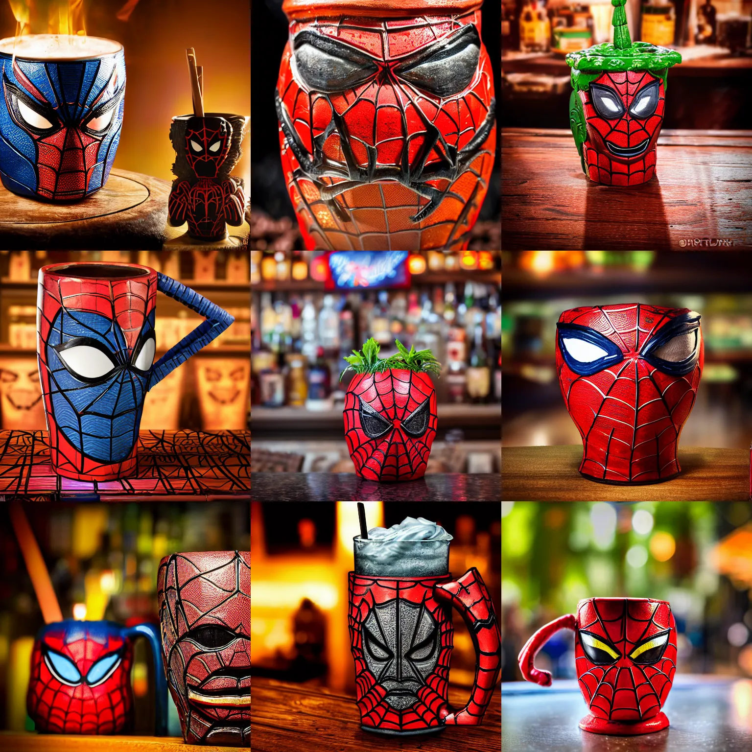 Prompt: a closeup photorealistic photograph of a spider man style tiki mug placed on a trader vic's bar featuring the face of spider man. tiki theme. bright scene. fine detail. this 4 k hd image is trending on artstation, featured on behance, well - rendered, extra crisp, features intricate detail, epic composition and the style of unreal engine.