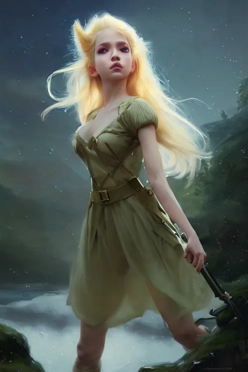 Image similar to cinematic shot of an epic portrait of a cute blonde fairy dressed in military clothes, stylised military clothes, shiny skin, beautiful eyes, beautiful, small details, night setting, realistic poster with volumetric light from craig mallism, artgerm, jeremy lipkin and michael garmash, unreal engine, radiant light, digital art, trends at art station, a masterpiece