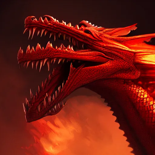 Image similar to head of red fire breathing dragon, reptilian eyes, extremely detailed, 8k, concept art, high fantasy, smoky background by Johannes Voss