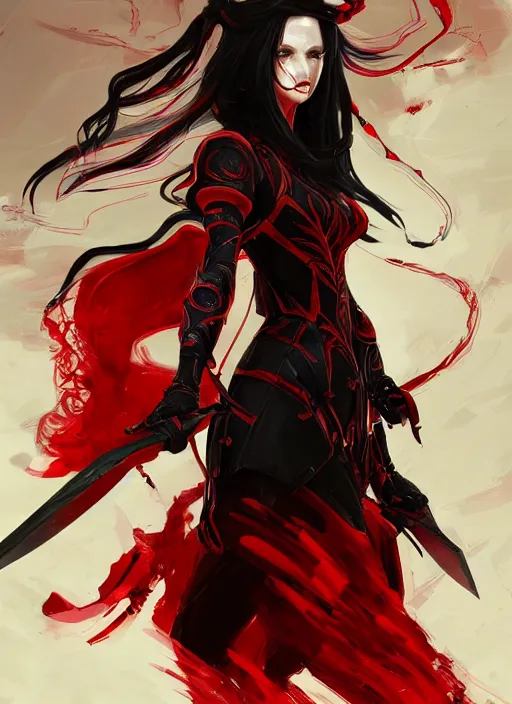 Image similar to a highly detailed illustration of elegant long black haired woman wearing red and black battle dress, heroically wielding black blade pose, with red magic surrounding her, intricate, elegant, highly detailed, centered, digital painting, artstation, concept art, smooth, sharp focus, league of legends concept art, WLOP