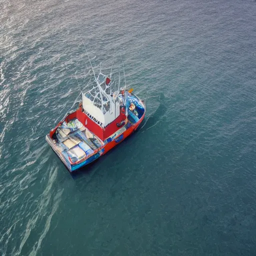 Image similar to realistic aerial drone shot of British fishing trawler