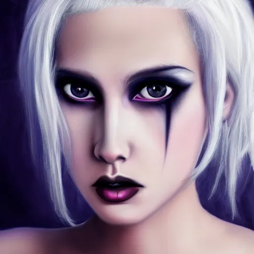 Image similar to Young woman, white hair, emo makeup, wearing dress, hyper realism, high detailed, 4k,