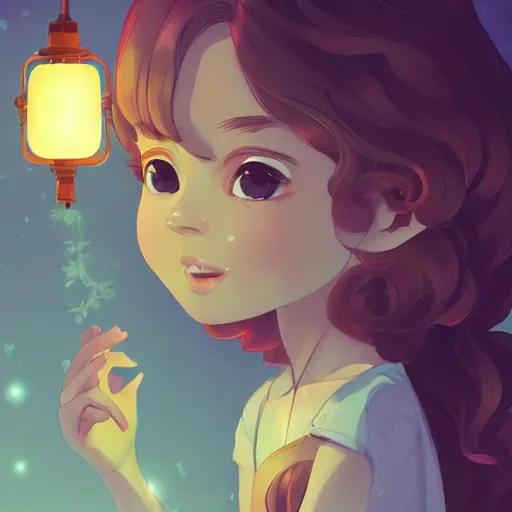 Image similar to a little girl with short wavy curly light brown hair holding a glowing lantern. clean cel shaded vector art. shutterstock. behance hd by lois van baarle, artgerm, helen huang, by makoto shinkai and ilya kuvshinov, rossdraws, illustration, art by ilya kuvshinov