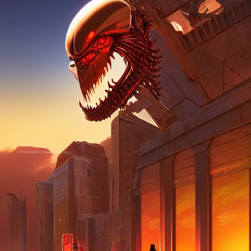 Image similar to exoskeletal robotic demonic creature, glowing, reptilian designed by jony ive in cybercity, golden hour, poster by michael whelan and gilbert williams and evgeny lushpin and artgerm and alena aenami, 3 0 mm, well proportioned, highly detailed, rule of thirds, long exposure