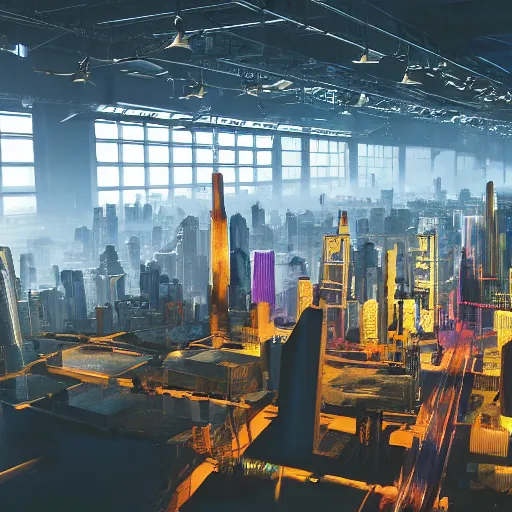 Image similar to crane shot of large group people in open warehouse, looking at hologram of futuristic city on a table, cinematic still, godrays, golden hour, natural sunlight, 4 k, clear details, tabletop model buildings, tabletop model, ethereal hologram center, crane shot, crane shot, rule of thirds, people foreground