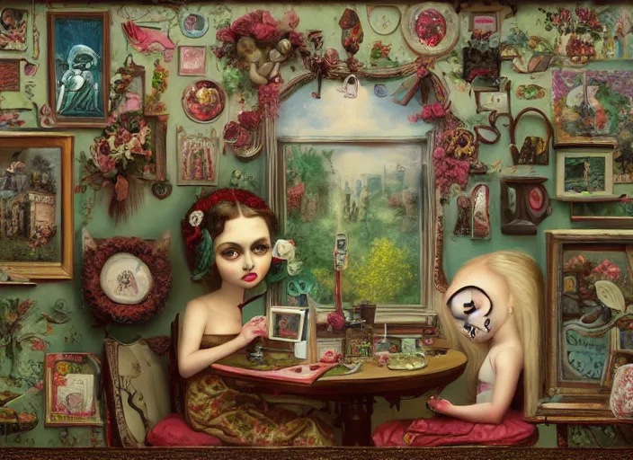 Prompt: folk art, lowbrow, matte painting, 3 - d highly detailed, in the style of mark ryden,