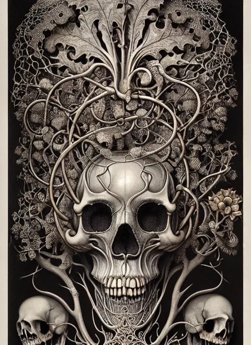 Image similar to art forms of nature by ernst haeckel, memento mori by arthur rackham, ornate antique porcelain beautiful skull mask, ultrasharp, photorealistic, hyperdetailed, octane render, polished, art nouveau, neo - gothic, gothic, intricate ornamental organic filigree, art nouveau botanicals, art forms of nature by ernst haeckel, horizontal symmetry, symbolist, visionary