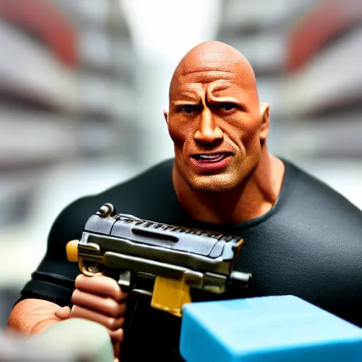 Prompt: A miniature Dwayne Johnson with a set of toy guns