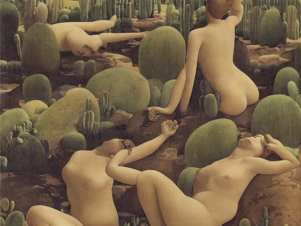 Image similar to Woman sculpted by Henri Moore taking a bath alone in a strange, giant ceramic basin sculpted river. Alien, selenar, crater landscape with cacti. Painting by Georges de la Tour, Alex Colville, Balthus