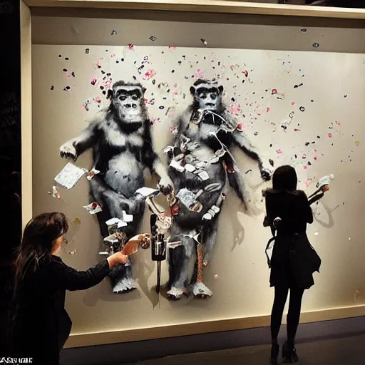 Prompt: multiple beautiful women looking at banksy display of 2 apes holding champaign bottles, money falling from the sky