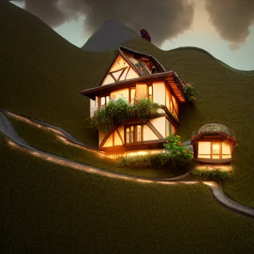 Image similar to small hillside house made of honey, modern lighting, hyper - realistic, hyper - detailed, 8 k, octane rendered, art nouveau, organic, flowing, impossible torsion, writhing, lush, dynamic