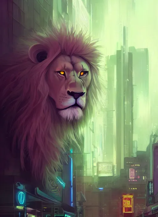 Image similar to beautiful portrait commission of a giant albino male furry anthro lion overlord controlling a vaporwave city at night in the rain below him. Neon light. Atmospheric. Character design by charlie bowater, ross tran, artgerm, and makoto shinkai, detailed, inked, western comic book art, 2021 award winning painting