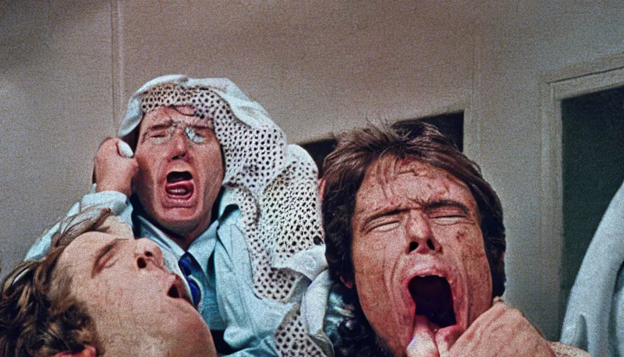 Image similar to 70s movie still of a man yelling with trypophobia flesh in hospital, eastmancolor, heavy grain, high quality, higly detailed, liminal space