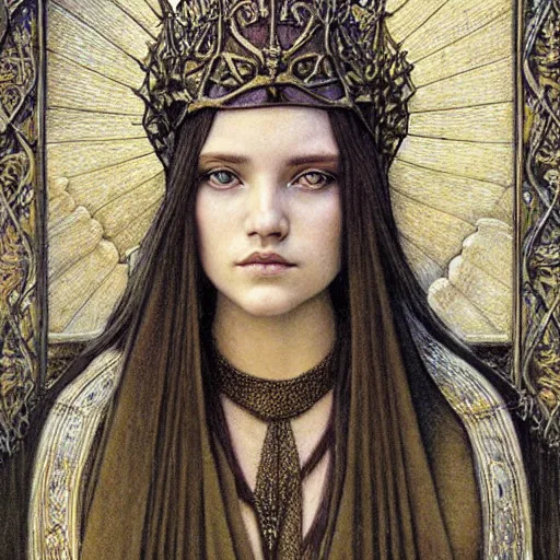 Image similar to detailed realistic beautiful young medieval queen face portrait by jean delville, tony diterlizzi and marco mazzoni, art nouveau, symbolist, visionary, gothic, pre - raphaelite