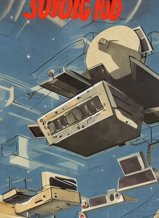 Prompt: Flying loaf of bread and flying toaster, interior of deserted derelict space station, 60s sci-fi book cover