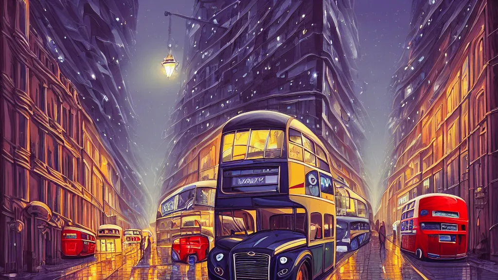 Image similar to street view of london city at night by cyril rolando and naomi okubo and dan mumford and zaha hadid. flying cars. advertisements. elegant lamps. double decker bus.