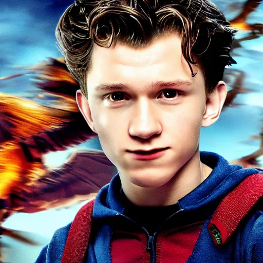 Image similar to tom holland as harry potter flying on dragon, close up, photo