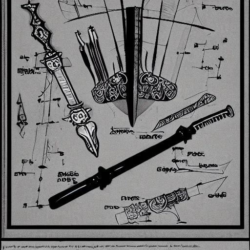 Image similar to black and white pen and ink sword design highly detailed technical drawing