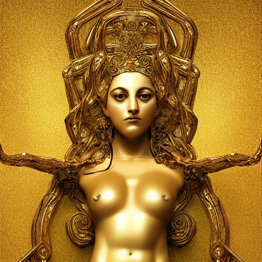 Prompt: sponge sculpture of hel goddess of the death, viking culture, intricate, elegant, digital painting, smooth, sharp focus, shiny gold, realistic gold, realistic metal, by william - adolphe bouguereau and gustav klimt,