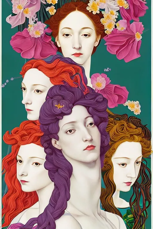 Image similar to 3 Spring Muses symbolically representing March, April, and May, in a style blending Æon Flux, Peter Chung, Shepard Fairey, Botticelli, Ivan Bolivian, and John Singer Sargent, inspired by pre-raphaelite paintings, shoujo manga, and cool Japanese street fashion, dramatically blossoming flora and fauna, petals falling everywhere, pastel vivid triad colors, hyper detailed, super fine inking lines, ethereal and otherworldly, 4K extremely photorealistic, Arnold render