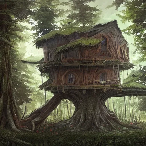 Prompt: concept art painting of treehouses made out of trees and roots, trees with doors and windows in a deep forest, realistic, detailed, cel shaded, in the style of makoto shinkai and greg rutkowski and james gurney