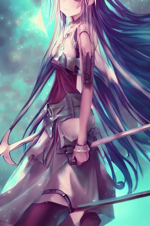 Image similar to an anime girl warrior princess holding a sword, candy pastel, backlighting, trending on pixiv, digital art, by kawacy