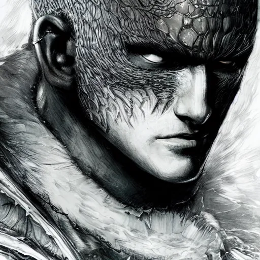 Image similar to semi realistic portrait of guts from berserk extremely detailed, made by wlop and maxwell boas