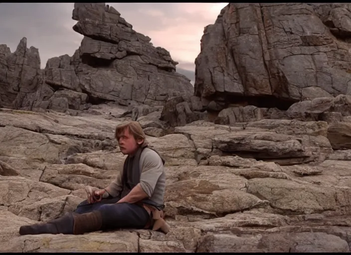 Image similar to screenshot of Luke Skywalker using the force to make rocks float around him, sitting outside on the rocky jedi temple, famous scene from the last jedi, 1980s film directed by Stanley Kubrick cinematic lighting, moody cinematography, with anamorphic lenses, crisp, detailed portrait, 4k image