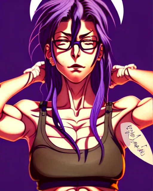 Prompt: a portrait of revy from black lagoon, black tank top, jean shorts, brown eyes, purple hair, tribal tattoos right arm sleeve, symmetrical eyes, symmetrical face, art by lois van baarle and loish and ross tran and rossdraws and sam yang and artgerm