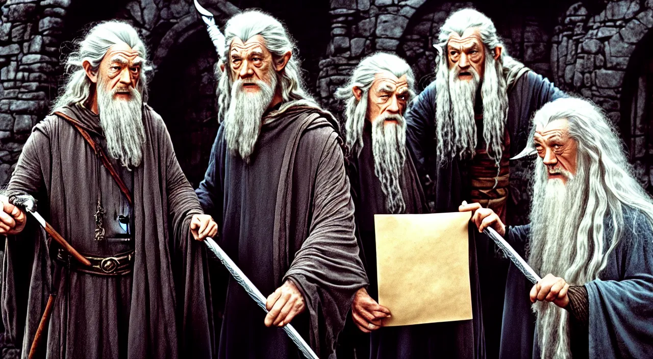 Image similar to gandalf and frodo in bag end, gandalf is holding an envelope, bag end in the style of h. r. giger, image from a movie