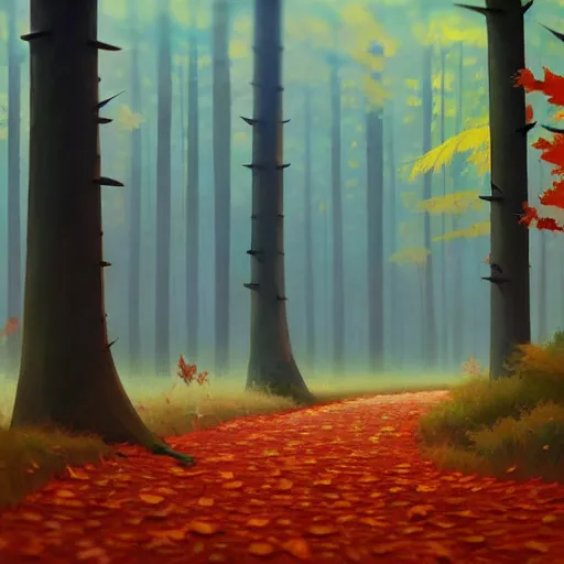 Image similar to goro fujita ilustration an autumn forest with tall trees, the ground full of leaves, the light rays reach the ground, the rain falls creating drops all over the forest., painting by goro fujita, sharp focus, highly detailed, artstation