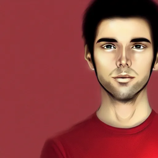 Prompt: a guy with short dark hair on his side, dressed in a red t - shirt, stands still against the backdrop of digital art, 8 k, character, realism, anime, portrait