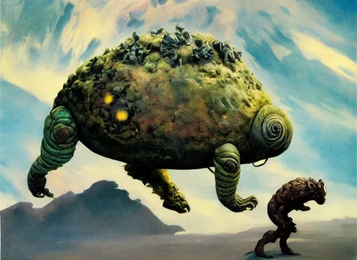 Prompt: realistic painting of a tardigrade kaiju, walking wide angle, by frank frazetta, by georgia o keeffe, by amano, slimy, reflective, scales,, big globule eye, godzilla, vintage poster retro,, oil painting, tonalism, fantasy, crispy, dune, cinematic, japanese art, tonalism