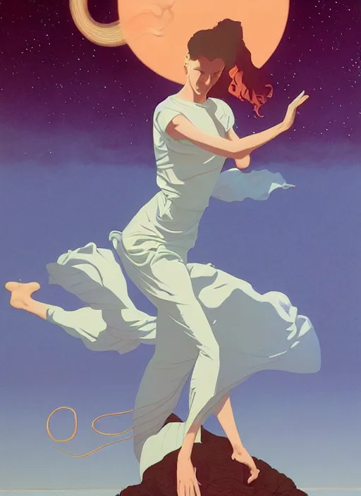 Image similar to poster artwork by michael whelan and tomer hanuka, a portrait of beautiful sensual dancing in the clouds of jupiter, clean