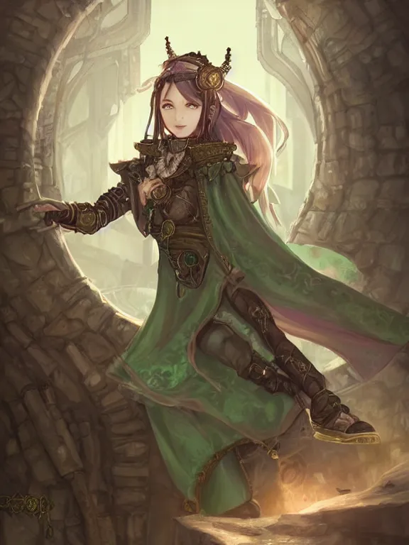 Prompt: portrait of a steampunk geomancer in the stone palace, female, pretty, tech robes, cloak, dark skin, green eyes, elf, sitting on bent knees, high fantasy, detailed face, highly detailed, digital illustration, by rossdraws