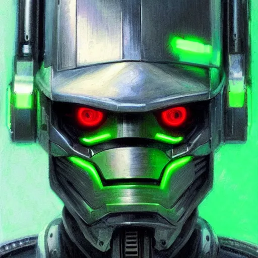 Prompt: robot with glowing green visor as a realistic scifi cyberpunk knight, closeup portrait art by donato giancola and greg rutkowski, realistic face, digital art, trending on artstation, symmetry!!!