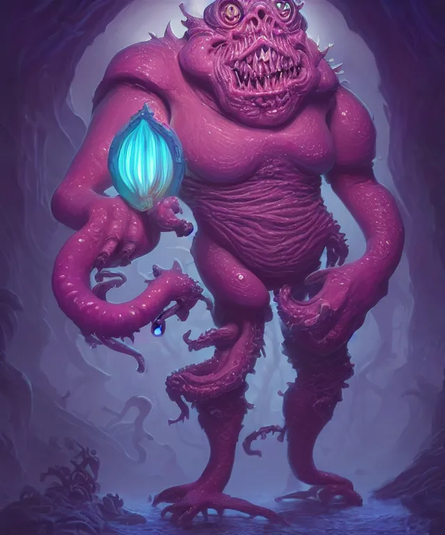 Image similar to a xanathar made of bioluminescence slimy skin, fantasy, elegant, crisp 8 k line art, digital painting, artstation, unreal engine, octane render, emissive lighting, concept art, matte, sharp focus, hyper realistic lighting, illustration, deep royal blue and pink color scheme, art by carl barks