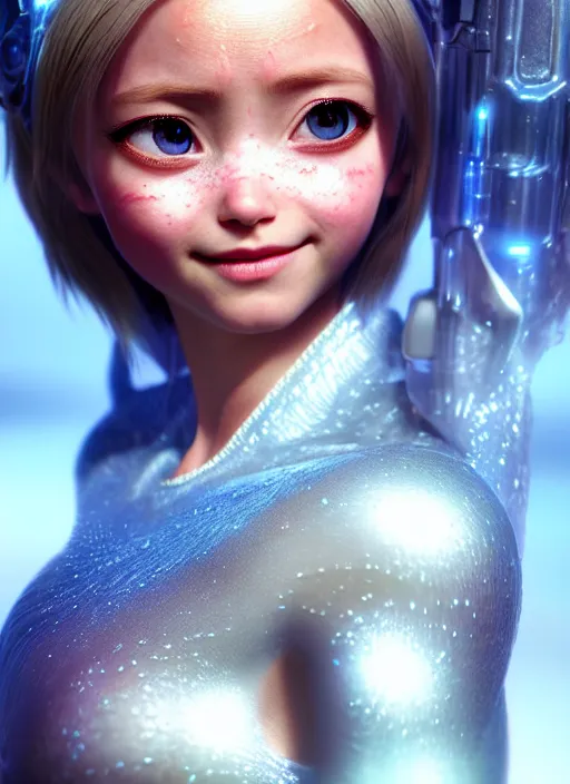 Image similar to Alita as Elsa, au naturel, hyper detailed, digital art, trending in artstation, cinematic lighting, studio quality, smooth render, unreal engine 5 rendered, octane rendered, art style by klimt and nixeu and ian sprigger and wlop and krenz cushart