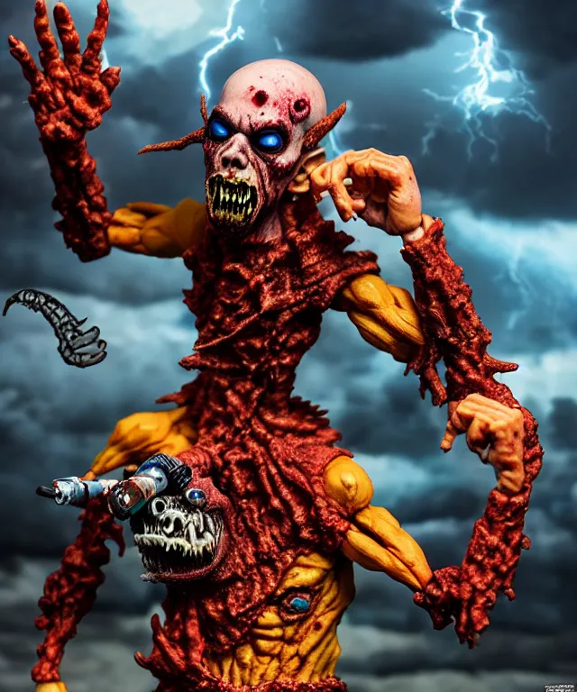 Image similar to hyperrealistic rendering, epic boss battle, punk rock zombie, by art of skinner and richard corben, product photography, collectible action figure, sofubi, hottoys, storm clouds, outside, lightning