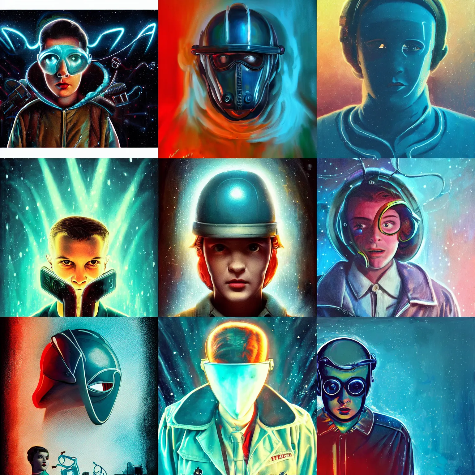 Prompt: , 1 9 5 0's, art deco style, sci - fi pilot,'stranger things ', full mask, oil paint concept art, alchemic, snow, teal palette, vibrant volumetric cinematic lighting