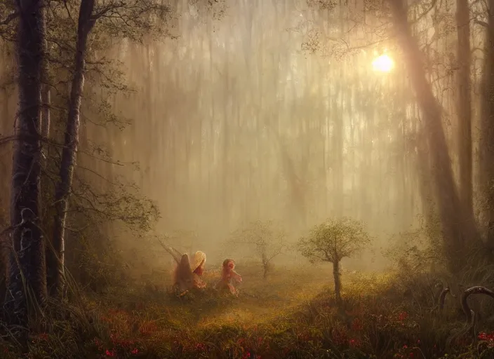 Image similar to misty swamp in early morning, hazy fog, sundown golden hour firefly wisps, Lilia Alvarado, Sophie Anderson, Mark Arian, Bob Byerley, Charlie Bowater, Mark Brooks, Steve Henderson, Justin Gerard, Arthur Hughes, Edward Robert Hughes, Mark Keathley, Victor Nizovtsev, Carlos Shwabe, Ross Tran, WLOP