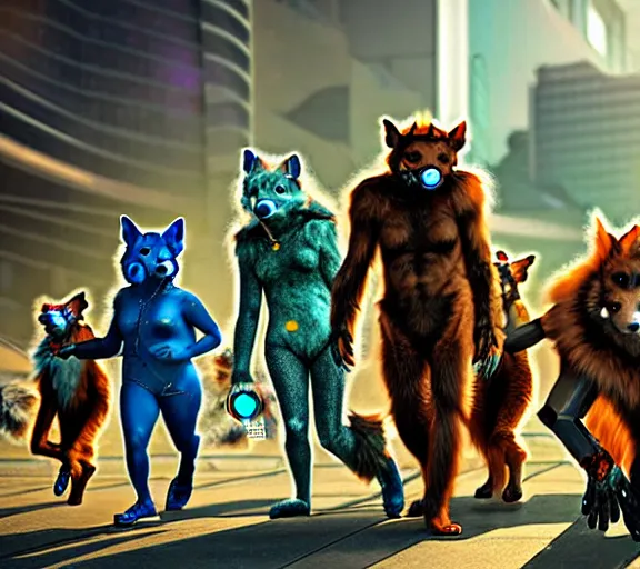 Image similar to high - resolution photograph from a biopunk era furry fandom convention ( midwest furfest 2 0 4 7 ), taking place after the genetic revolution and quantum singularity. photorealistic.