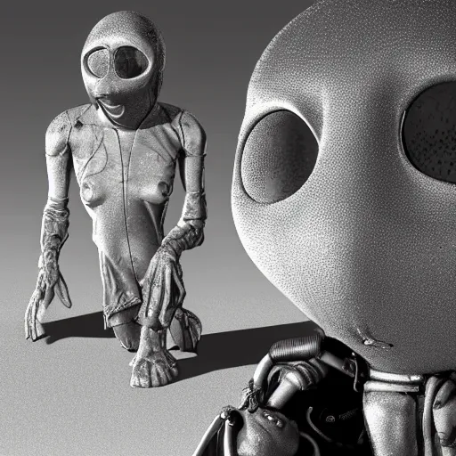 Prompt: a sad Roswell grey alien trying to repair his crashed burning spacecraft in the desert, a hologram by Alan Bean, featured on zbrush central, hurufiyya, zbrush, polycount, airbrush art