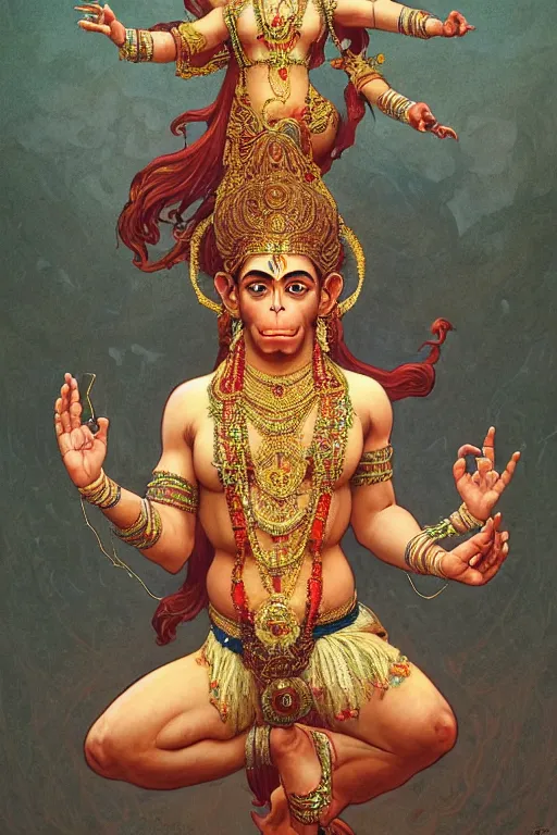 Image similar to a full body portrait of a beautiful ornated hanuman god, leaping pose, hindu stages of meditation, intricate, elegant, highly detailed, digital painting, artstation, concept art, smooth, sharp focus, line art illustration for tattoo, art by krenz cushart and artem demura and alphonse mucha