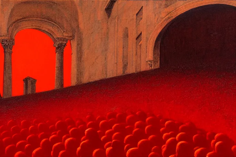 Image similar to only with red, a red great emperor, taormina amphitheatre, expressive crowd hails him, in the style of beksinski, parts by edward hopper, parts by rodcenko, parts by yue minjun, intricate and epic composition, red by caravaggio, insanely quality, highly detailed, masterpiece, red light, artstation, 4 k