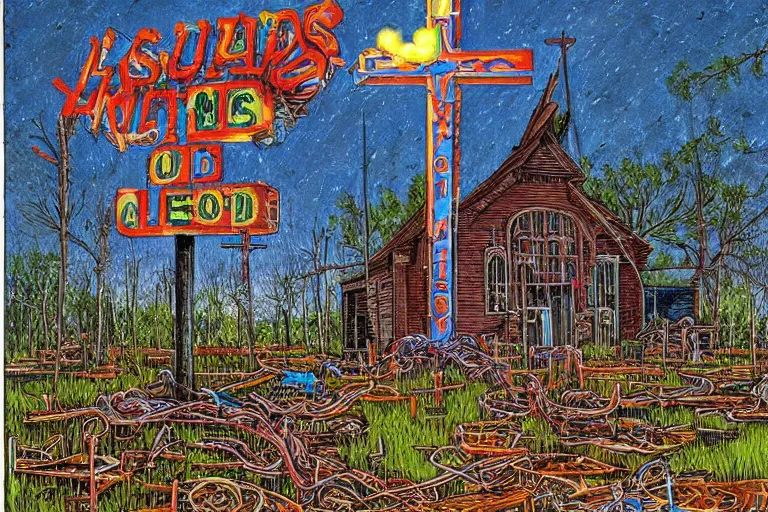 Image similar to scene fromlouisiana swamps, old protestant church with neon cross, junkyard by the road, boy scout troop, voodoo, artwork by jean giraud