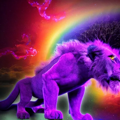 Prompt: a purple lion - like creature, engulfed in glowing iridescent alien flora, with strange rainbow alien flowers, dramatic, award - winning photography