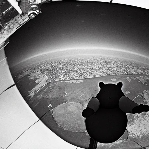 Image similar to putin on a bear, fish eye, atomic bomb in background